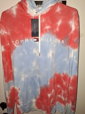 Tommy Hilfiger Men's Red & Light Blue Tie-Dye Hoodie Sweatshirt